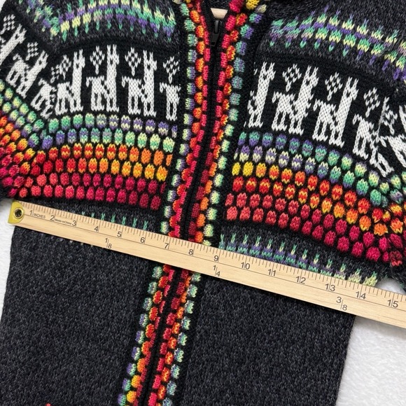 Vtg Peruvian Alpaca Llama Hoodie Sweater Rainbow Trim Boho Andean Knit Zip *flaw - Picture 3 of 8